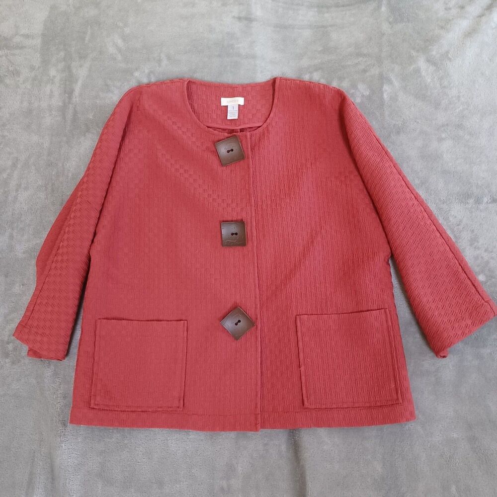 Chicos Sz 1/ M Artsy Boxy Topper Jacket Blazer Casual Relaxed Textured Coral Red - Picture 9 of 9